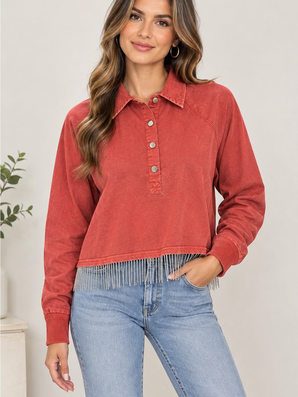 Bluevelvet Women's Rust Button-Front Fringe Hem Pullover Top
